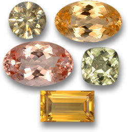 Необработанный алмаз, имперский топаз, морганит, диаспор и цитрин