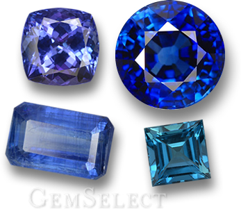 Голубые драгоценные камни: танзанит, сапфир, кианит и голубой топаз.