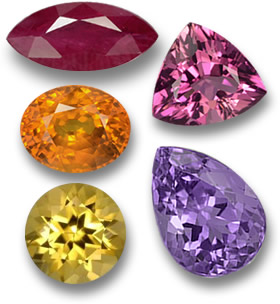 Драгоценные камни огненного цвета: рубин, розовый турмалин, оранжевый сапфир, аметист и золотой берилл.