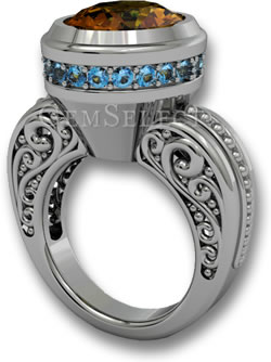 Современный взгляд на ореол: серебряное кольцо с турмалиновым центральным камнем и голубым топазом снаружи ореола