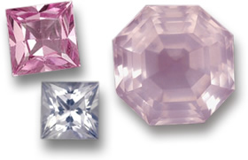 Сапфиры огранки «Принцесса» (слева) и розовый кварц огранки «Ашер» (справа)