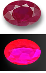 Рубин при дневном свете (вверху) и ультрафиолетовом свете (внизу)