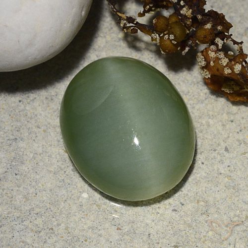 5.48ct Натуральный Серо-зеленый Актинолит Кошачий Глаз, Овал, Полупрозрачный