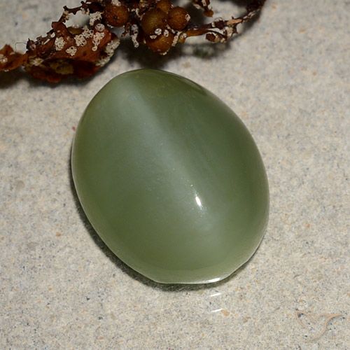 6.88ct Натуральный Средний зеленый Актинолит Кошачий Глаз, Овал, Полупрозрачный