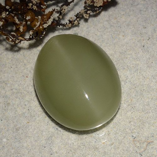 8.14ct Натуральный Желтовато-зеленый Актинолит Кошачий Глаз, Овал, Полупрозрачный