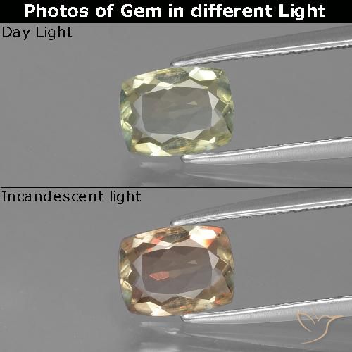 1.14ct Натуральный Светло-желтый Диаспора, меняющая цвет, Подушка, Чистота VS