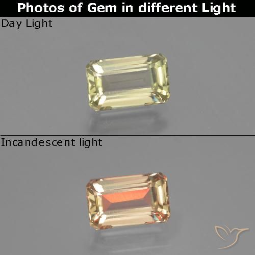 1.37ct Натуральный Светло-желтый Диаспора, меняющая цвет, Изумрудная огранка, VVS-VS