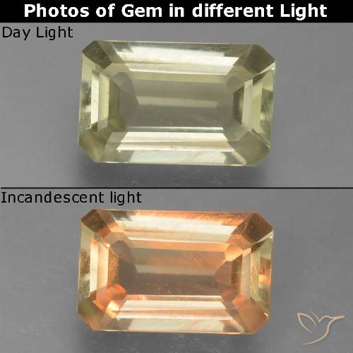 0.90ct Натуральный Светло-желтый Диаспора, меняющая цвет, Изумрудная огранка, VVS-VS
