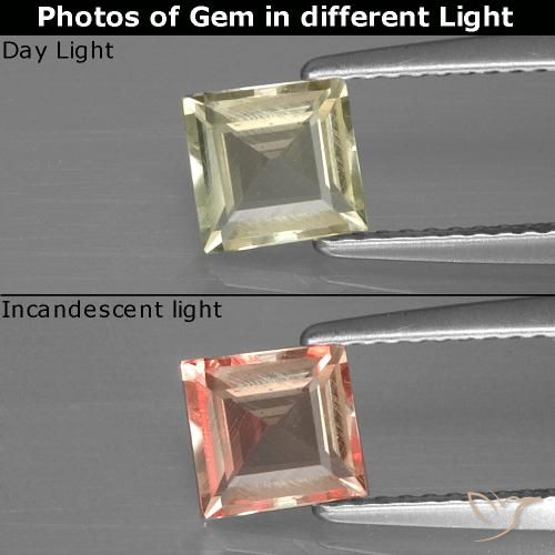 0.91ct Натуральный Светло-золотисто-желтый Диаспора, меняющая цвет, Квадрат, VVS-VS