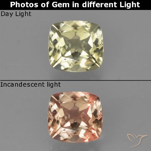 0.89 карата, натуральный Очень светло-желтый Диаспора, меняющая цвет, Подушка Крой, VVS-VS