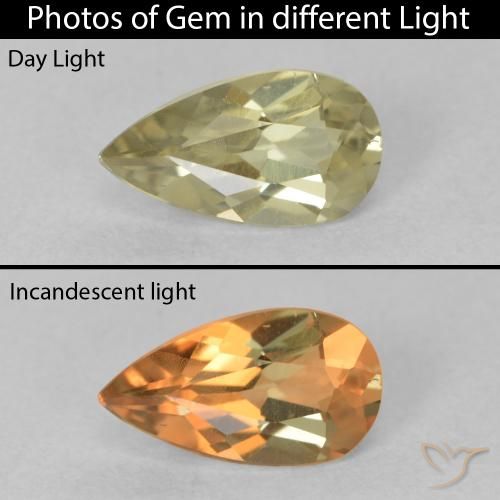 0.76ct Натуральный Средний желтый Диаспора, меняющая цвет, Форма груши, Чистота VVS