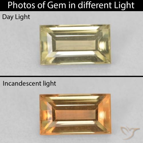 0.77ct Натуральный Светло-желтый Диаспора, меняющая цвет, Огранка Багет, VVS-VS