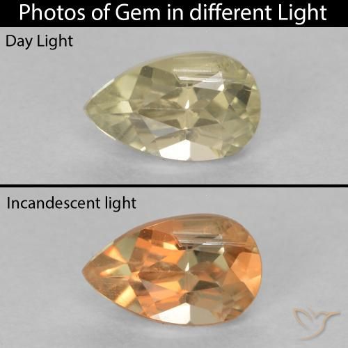 0.41ct Натуральный Средний желтый Диаспора, меняющая цвет, Форма груши, Чистота VS