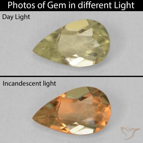 0.75ct Натуральный Средний желтый Диаспора, меняющая цвет, Форма груши, Чистота VVS