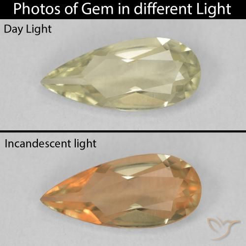 0.91ct Натуральный Средний желтый Диаспора, меняющая цвет, Форма груши, Чистота VVS