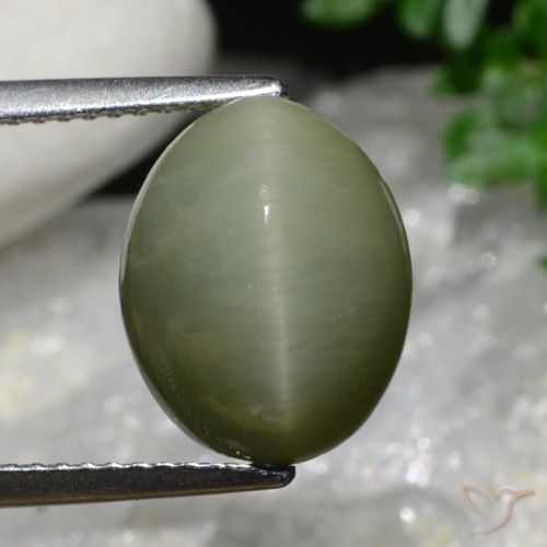 6.34ct Натуральный Армейский Зеленый Кварц Кошачий Глаз, Овал, Непрозрачный